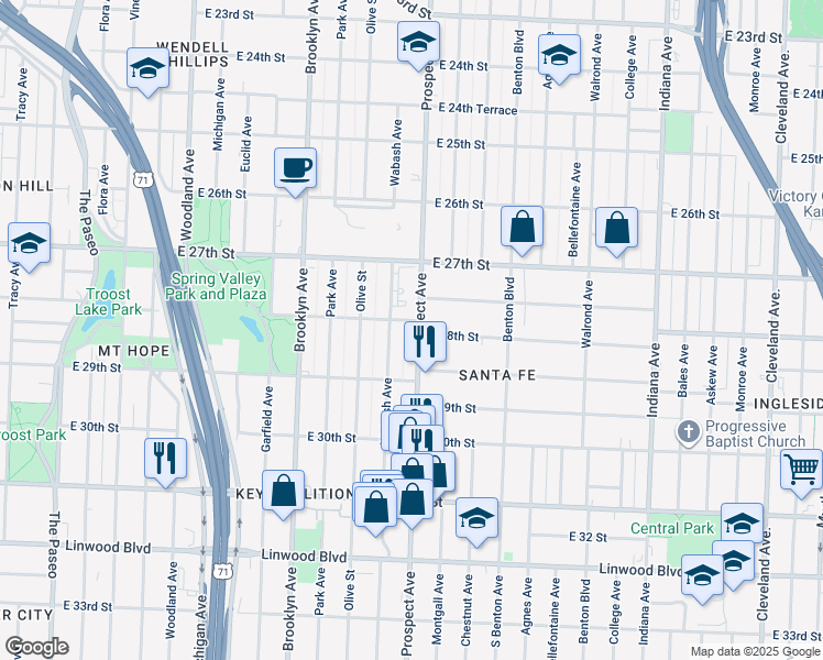 map of restaurants, bars, coffee shops, grocery stores, and more near 2804 Prospect Avenue in Kansas City