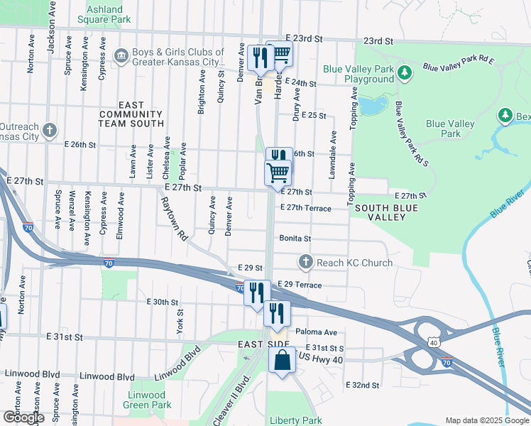 map of restaurants, bars, coffee shops, grocery stores, and more near 2716 Van Brunt Boulevard in Kansas City