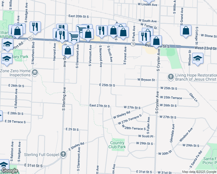 map of restaurants, bars, coffee shops, grocery stores, and more near 2500 South Scott Avenue in Independence
