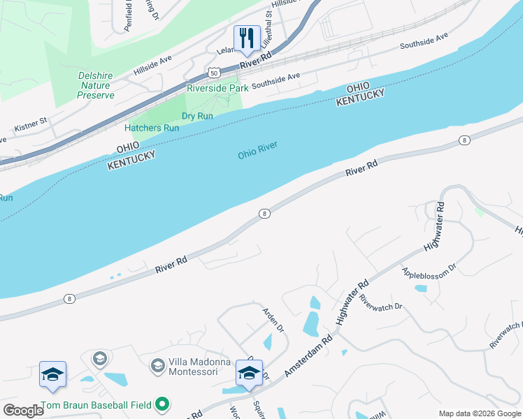 map of restaurants, bars, coffee shops, grocery stores, and more near 654 River Road in Villa Hills