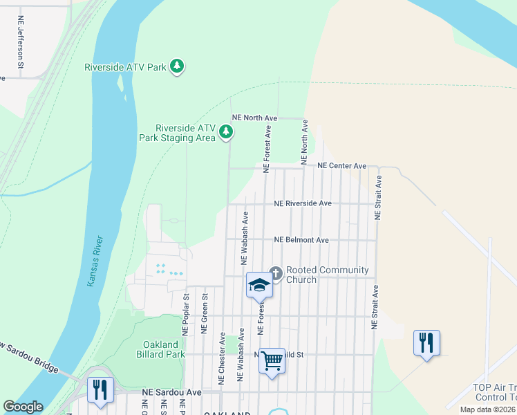 map of restaurants, bars, coffee shops, grocery stores, and more near 1243 Northeast Forest Avenue in Topeka