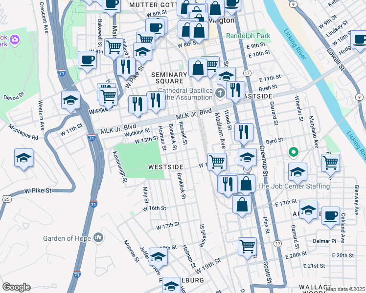 map of restaurants, bars, coffee shops, grocery stores, and more near 1327 Russell Street in Covington