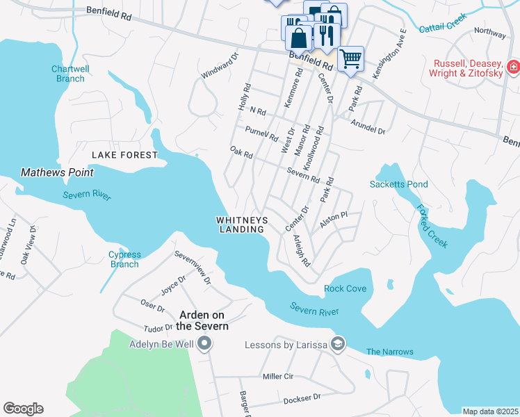 map of restaurants, bars, coffee shops, grocery stores, and more near 610 West Drive in Severna Park