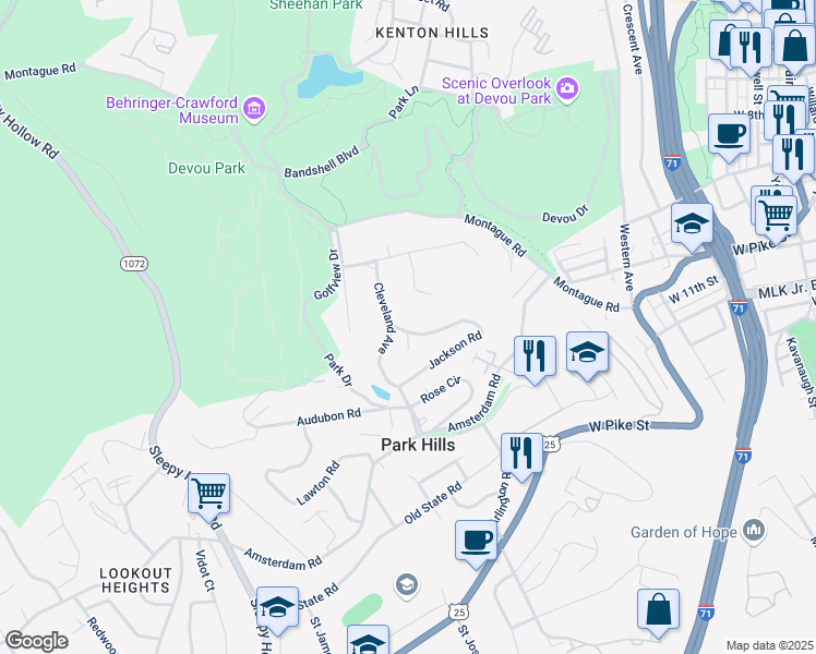 map of restaurants, bars, coffee shops, grocery stores, and more near 1074 Jackson Road in Park Hills