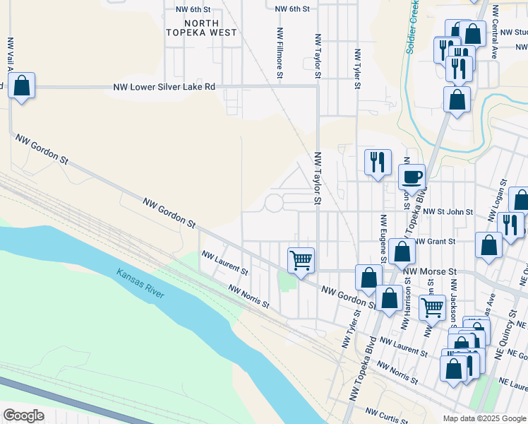 map of restaurants, bars, coffee shops, grocery stores, and more near 1105 Northwest Starlight Circle in Topeka