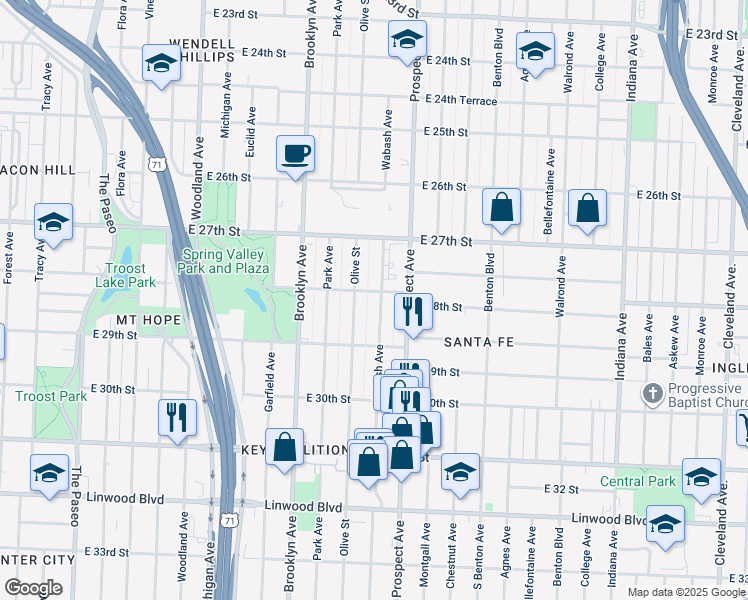 map of restaurants, bars, coffee shops, grocery stores, and more near 2806 Wabash Avenue in Kansas City