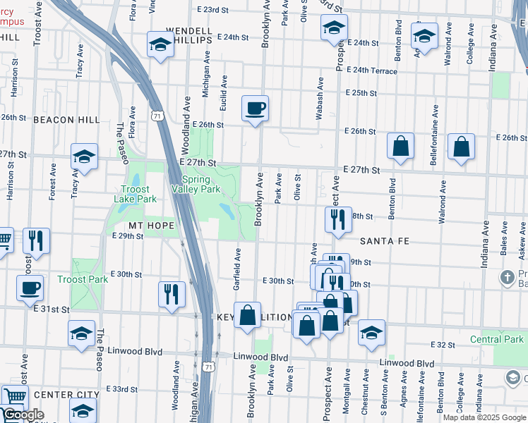 map of restaurants, bars, coffee shops, grocery stores, and more near 2811 Brooklyn Avenue in Kansas City