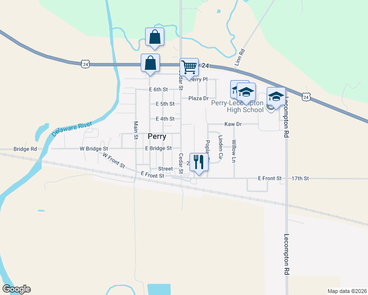 map of restaurants, bars, coffee shops, grocery stores, and more near 211 Cedar Street in Perry