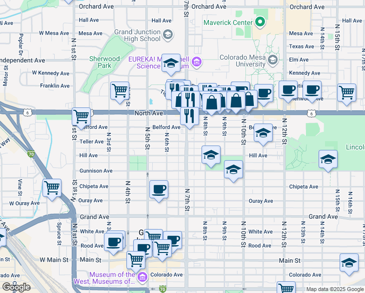 map of restaurants, bars, coffee shops, grocery stores, and more near 825 North 7th Street in Grand Junction