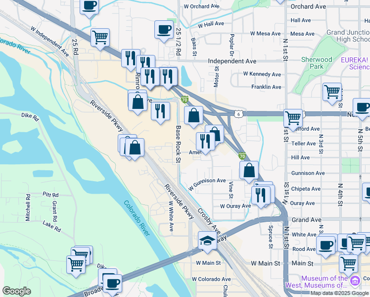 map of restaurants, bars, coffee shops, grocery stores, and more near 2550 American Way in Grand Junction