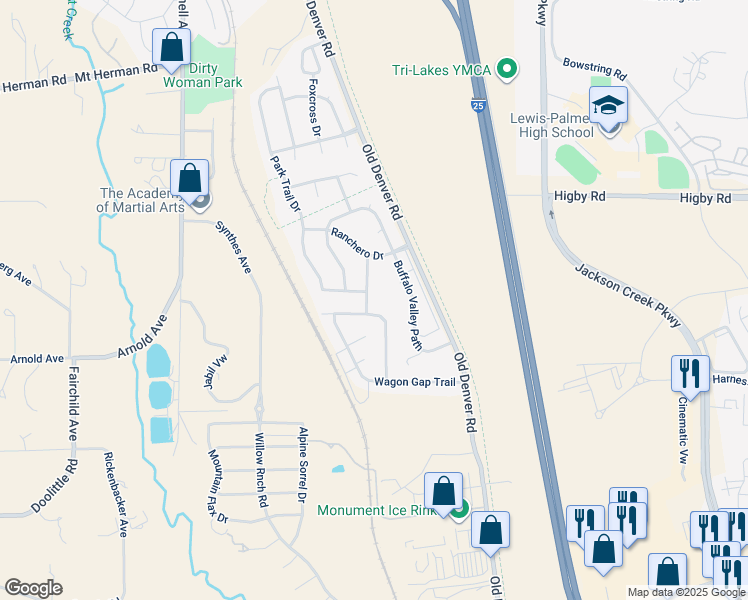 map of restaurants, bars, coffee shops, grocery stores, and more near 16927 Pawnee Valley Trail in Monument
