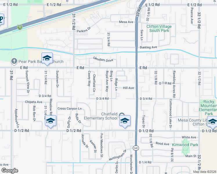map of restaurants, bars, coffee shops, grocery stores, and more near 484 Royal Ann Way in Grand Junction