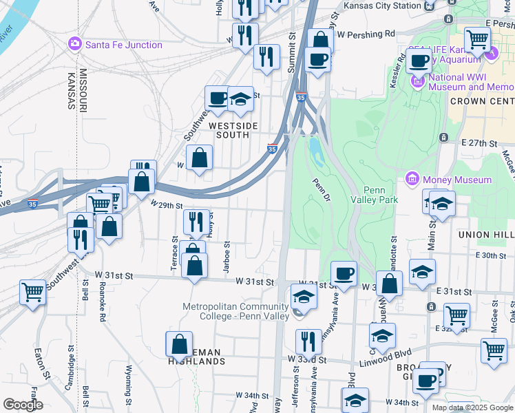 map of restaurants, bars, coffee shops, grocery stores, and more near 908 West 29th Street in Kansas City