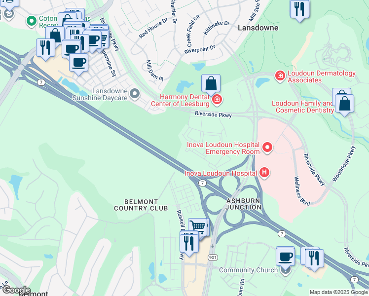 map of restaurants, bars, coffee shops, grocery stores, and more near 19555 Bent Tree Terrace in Leesburg