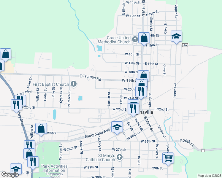 map of restaurants, bars, coffee shops, grocery stores, and more near 219 West 20th Street in Higginsville