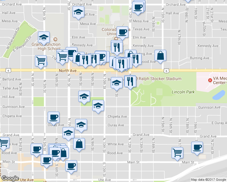 map of restaurants, bars, coffee shops, grocery stores, and more near 1023 Teller Avenue in Grand Junction
