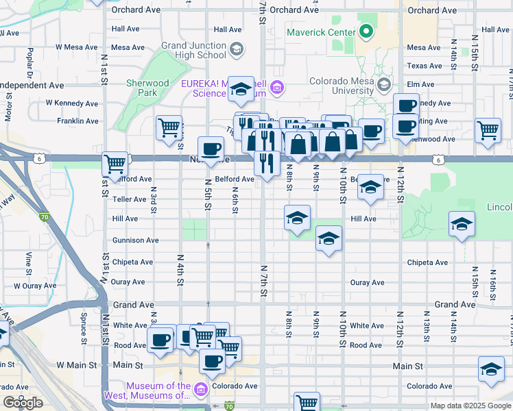 map of restaurants, bars, coffee shops, grocery stores, and more near 825 North 7th Street in Grand Junction