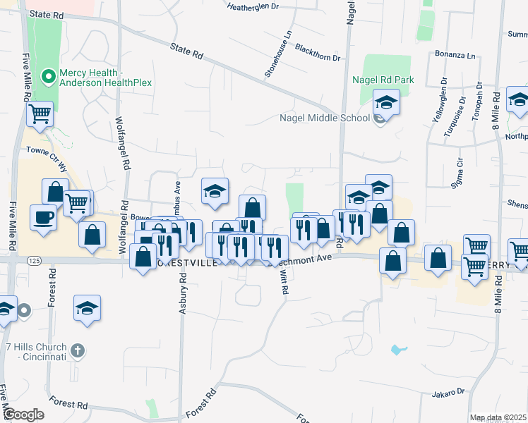map of restaurants, bars, coffee shops, grocery stores, and more near 1348 Pebble Court in Cincinnati