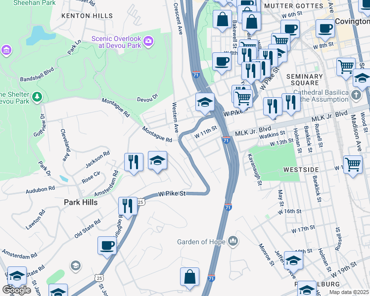 map of restaurants, bars, coffee shops, grocery stores, and more near 1115 West Pike Street in Covington