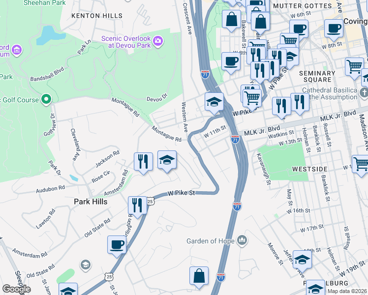 map of restaurants, bars, coffee shops, grocery stores, and more near 1115 West Pike Street in Covington