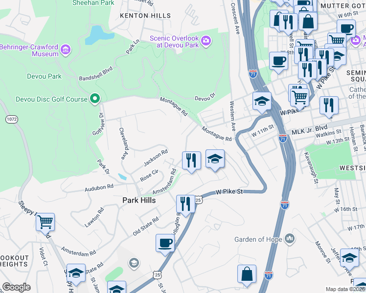map of restaurants, bars, coffee shops, grocery stores, and more near 1034 Amsterdam Road in Park Hills