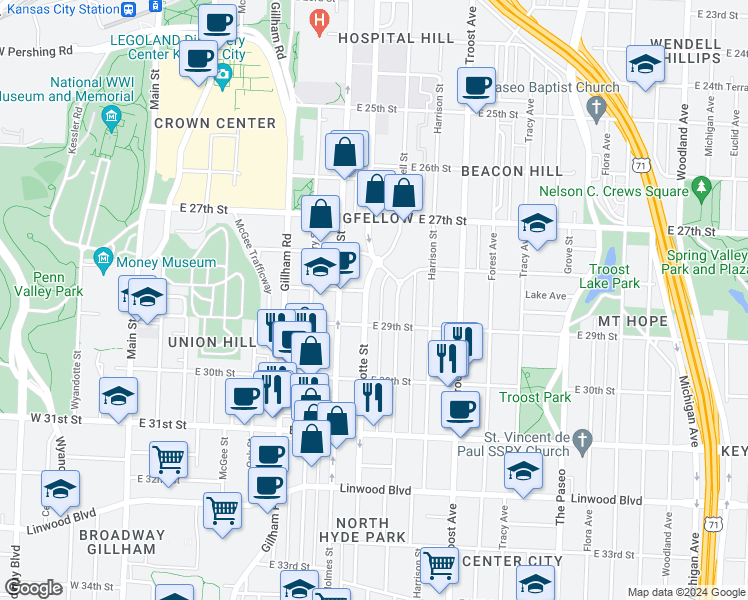 map of restaurants, bars, coffee shops, grocery stores, and more near 2809 Charlotte Street in Kansas City