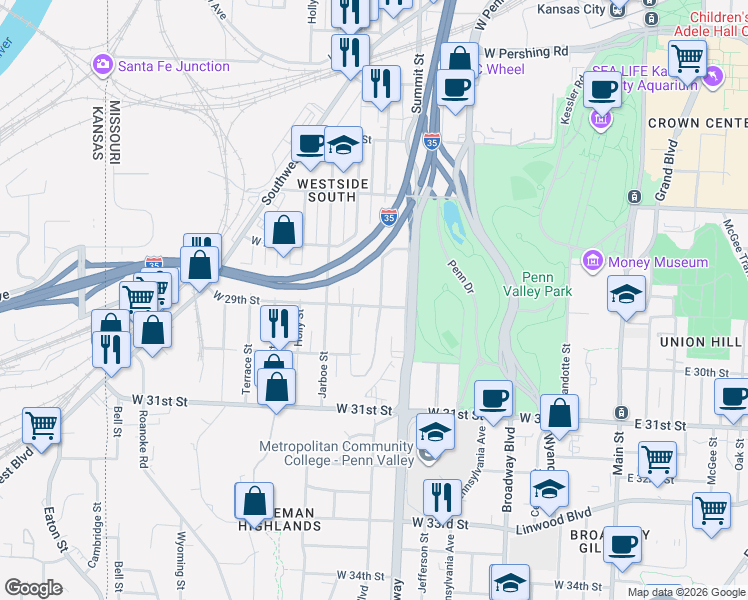 map of restaurants, bars, coffee shops, grocery stores, and more near 908 West 29th Street in Kansas City