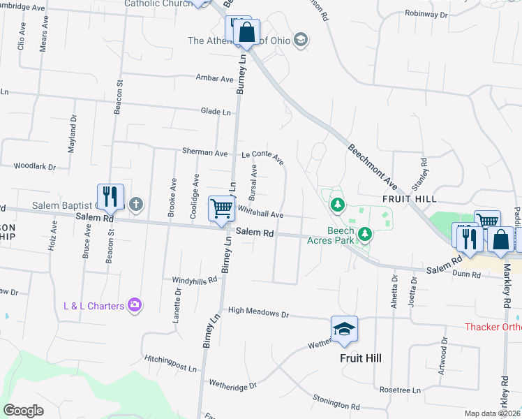 map of restaurants, bars, coffee shops, grocery stores, and more near 6748 Whitehall Avenue in Cincinnati