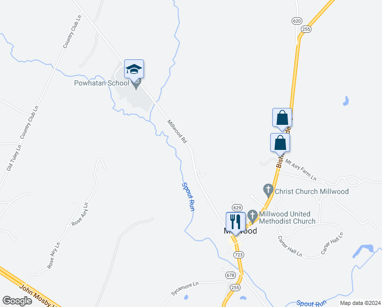 map of restaurants, bars, coffee shops, grocery stores, and more near 1590 Millwood Road in Boyce