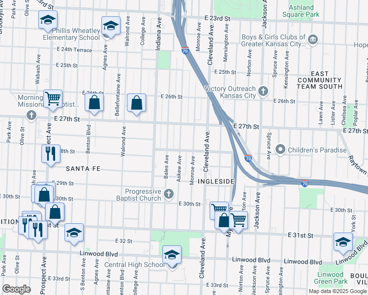 map of restaurants, bars, coffee shops, grocery stores, and more near 2741 Askew Avenue in Kansas City