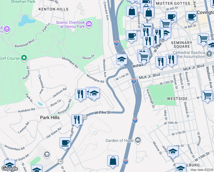 map of restaurants, bars, coffee shops, grocery stores, and more near 1115 West Pike Street in Covington