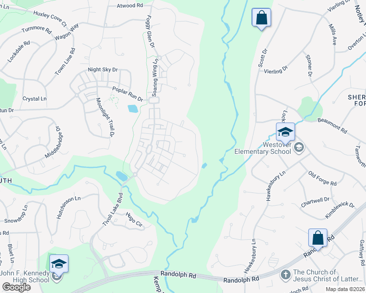 map of restaurants, bars, coffee shops, grocery stores, and more near 1104 Windy Meadow Court in Silver Spring