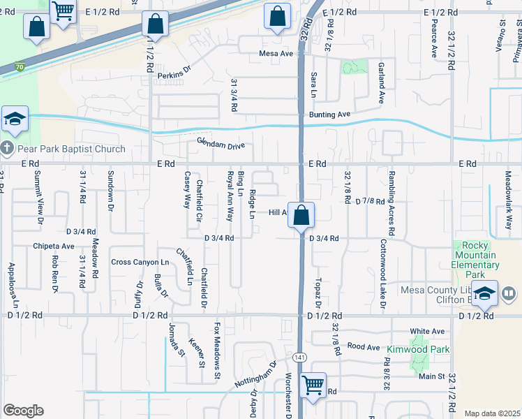 map of restaurants, bars, coffee shops, grocery stores, and more near 3186 Hill Avenue in Grand Junction