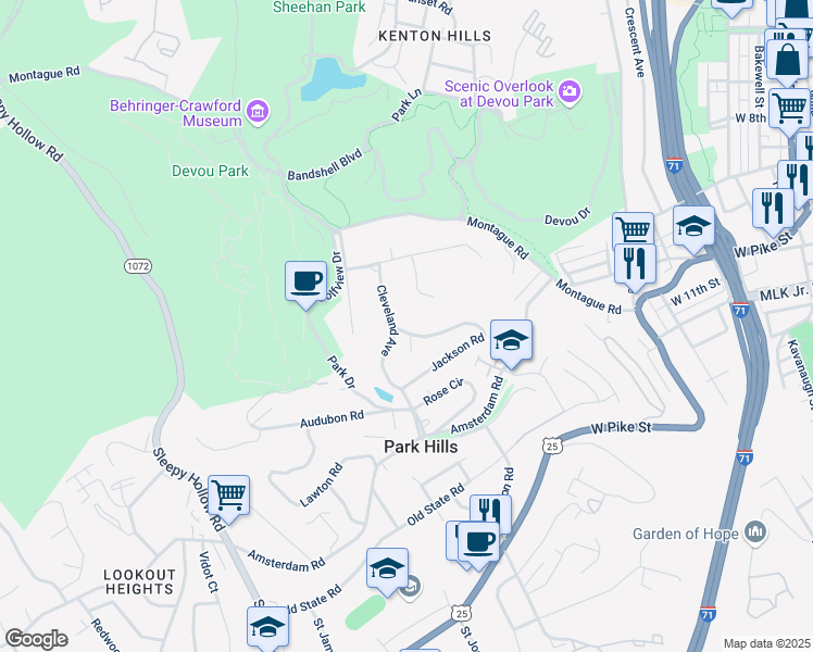map of restaurants, bars, coffee shops, grocery stores, and more near 1074 Jackson Road in Park Hills