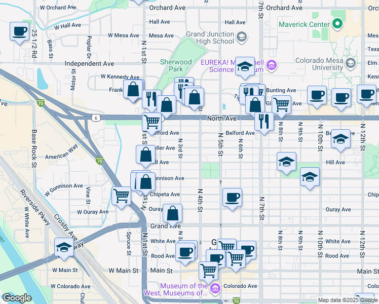 map of restaurants, bars, coffee shops, grocery stores, and more near 329 Teller Avenue in Grand Junction