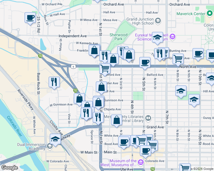map of restaurants, bars, coffee shops, grocery stores, and more near 135 Teller Avenue in Grand Junction
