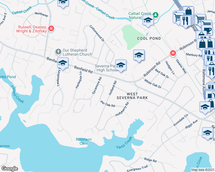 map of restaurants, bars, coffee shops, grocery stores, and more near 4 Anne Court in Severna Park