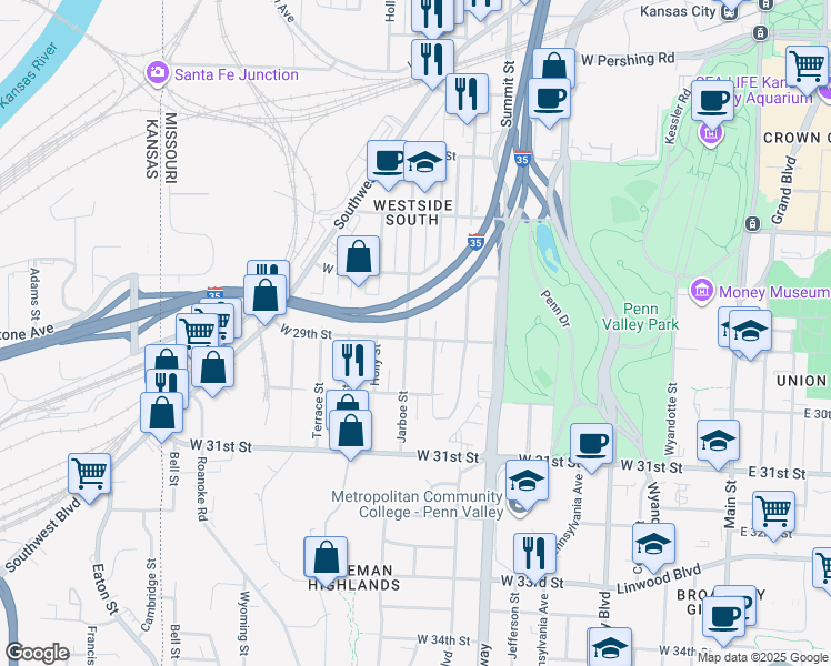 map of restaurants, bars, coffee shops, grocery stores, and more near 1020 West 29th Street in Kansas City