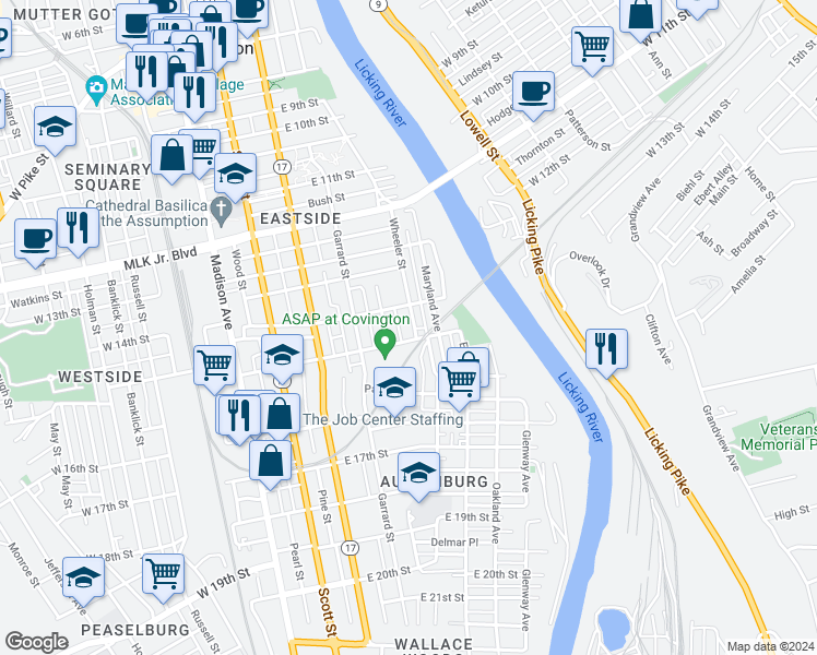 map of restaurants, bars, coffee shops, grocery stores, and more near 1417 Wheeler Street in Covington