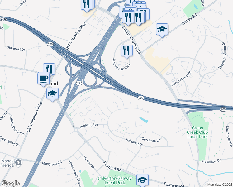 map of restaurants, bars, coffee shops, grocery stores, and more near 13245 Trebleclef Lane in Silver Spring