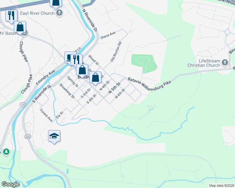 map of restaurants, bars, coffee shops, grocery stores, and more near 127 North 6th Street in Batavia