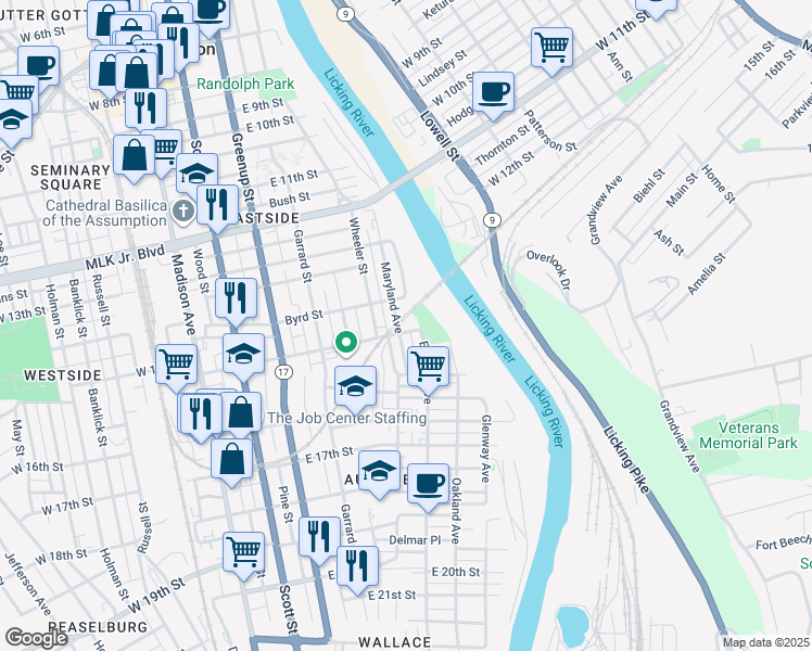 map of restaurants, bars, coffee shops, grocery stores, and more near 408 East 15th Street in Covington