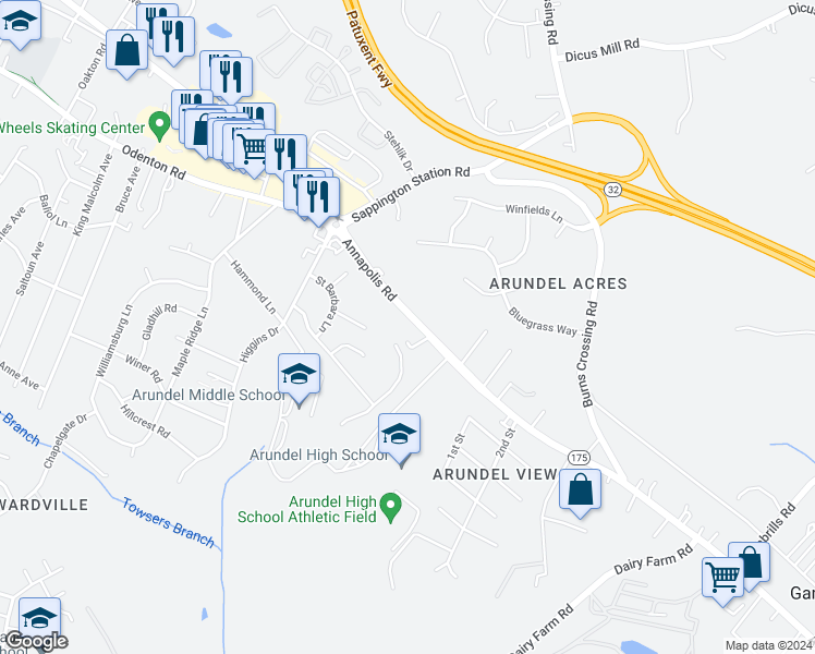 map of restaurants, bars, coffee shops, grocery stores, and more near 1015 Annapolis Road in Gambrills