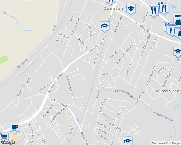 map of restaurants, bars, coffee shops, grocery stores, and more near 1372 Galloway Road in Odenton
