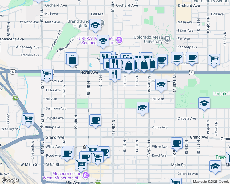 map of restaurants, bars, coffee shops, grocery stores, and more near 825 North 7th Street in Grand Junction