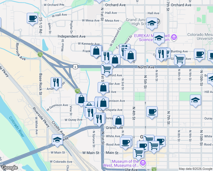 map of restaurants, bars, coffee shops, grocery stores, and more near 135 Teller Avenue in Grand Junction