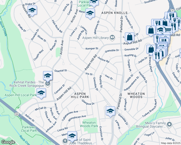 map of restaurants, bars, coffee shops, grocery stores, and more near 4605 Iris Street in Rockville