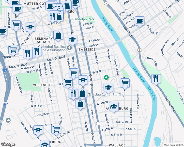map of restaurants, bars, coffee shops, grocery stores, and more near 209 Byrd Street in Covington