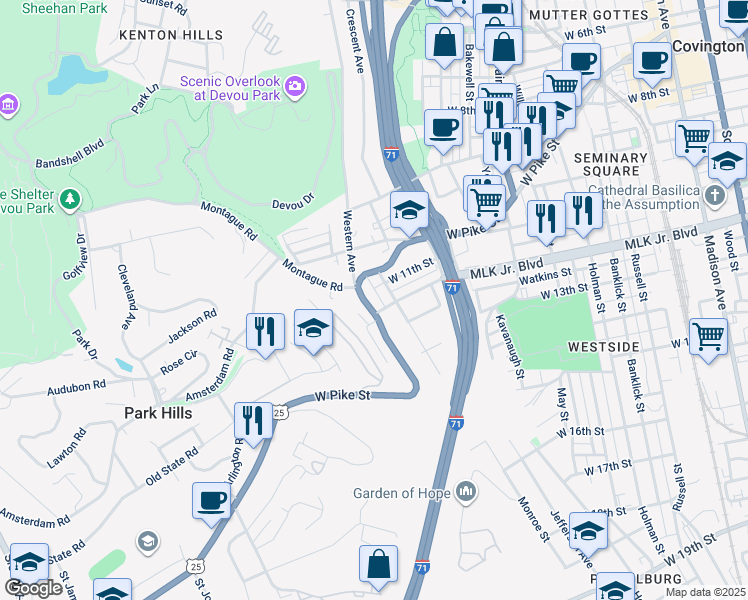 map of restaurants, bars, coffee shops, grocery stores, and more near 1115 West Pike Street in Covington