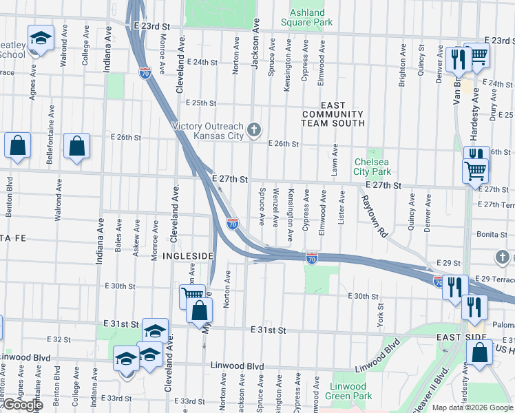 map of restaurants, bars, coffee shops, grocery stores, and more near 2739 Spruce Avenue in Kansas City
